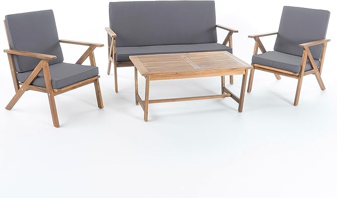Christopher Knight Home Panama Outdoor Acacia Wood Chat Set with Water Resistant Cushions, 4-Pcs Set, Teak Finish / Grey