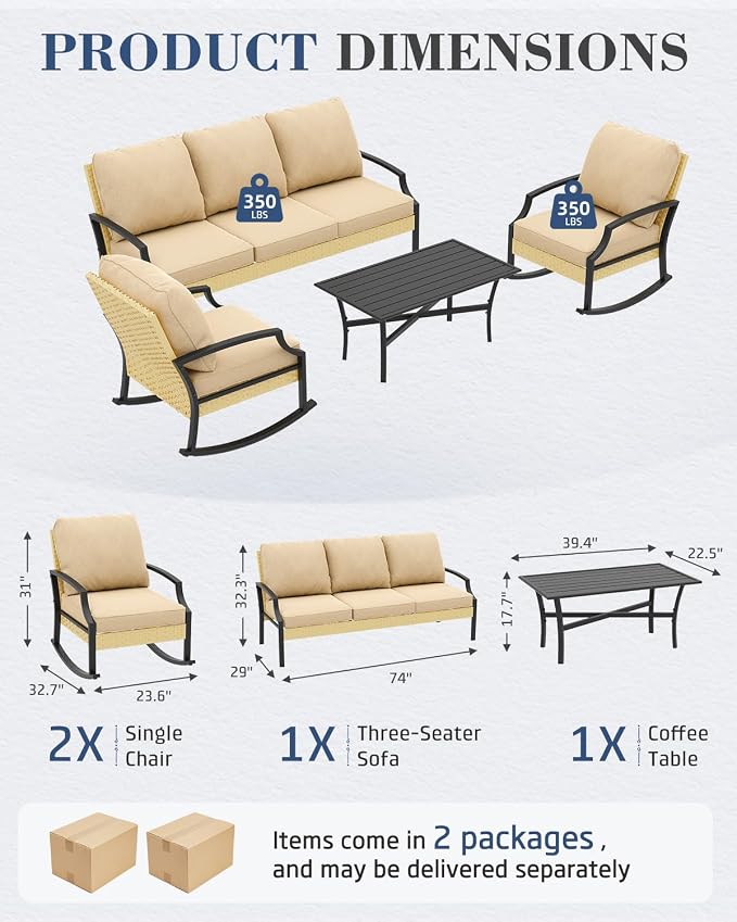 AECOJOY Patio Furniture Set, 4-Piece Wicker Rocking Conversation Set, Beige | 3mm Rust-Resistant Steel, 5-Inch Cushions, 2 Rocking Chairs and Coffee Table for Porch, Garden, Lawn and Backyard