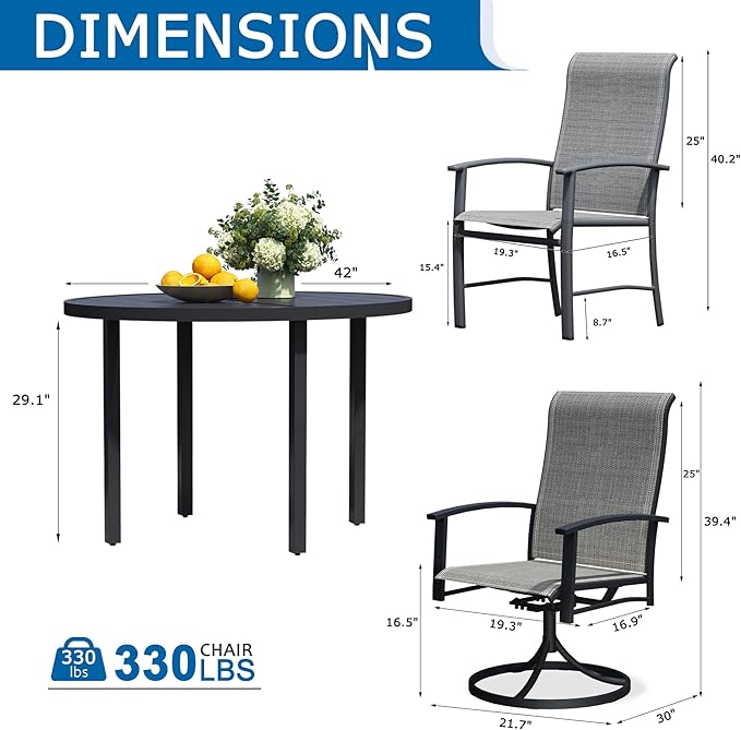 5 Piece Outdoor Patio Dining Set for 4, 42" Black Round Metal Table with 4 Grey Chairs, All-Weather Outdoor Furniture Set for Backyard, Lawn, Deck, or Poolside