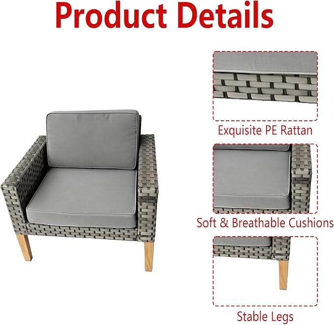 DECMICO 3 Piece Rattan Conversation Bistro Set, Outdoor Wicker Patio Furniture Set, All-Weather PE Rattan Chairs with Cushions for Backyard, Balcony, Garden, Dark Gray