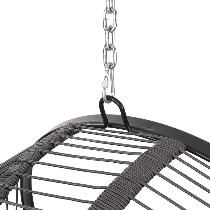 Christopher Knight Home Solis Patio Hanging Chair with 8ft Chain, Round Basket Shape, Rope Weave Hammock, Hanging Reading Sofa, Swing Chairs with Cushion 250lbs for Garden Balcony Yard, Black