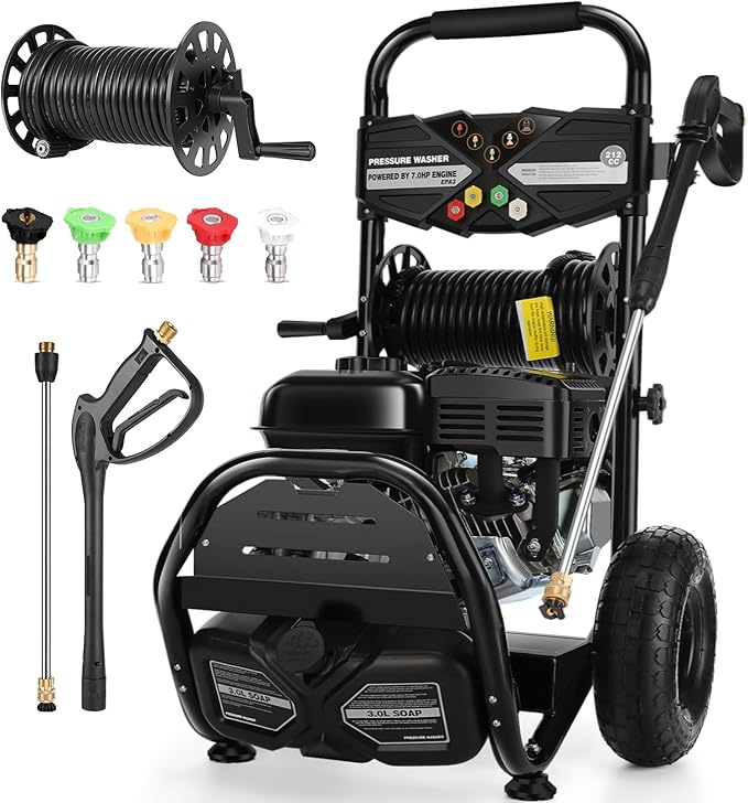 Professional 4200PSI 4GPM 212CC Gas Pressure Washer, 7.0HP Heavy-Duty 3600RPM Commercial Gas Power Washer with 10" Wheels 3000ML Foam Bottle 5 Nozzles 33FT Hose Reel (EPA/CARB/ETL Compliant), Black