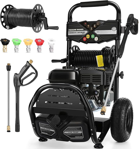 Professional 4200PSI 4GPM 212CC Gas Pressure Washer, 7.0HP Heavy-Duty 3600RPM Commercial Gas Power Washer with 10" Wheels 3000ML Foam Bottle 5 Nozzles 33FT Hose Reel (EPA/CARB/ETL Compliant), Black