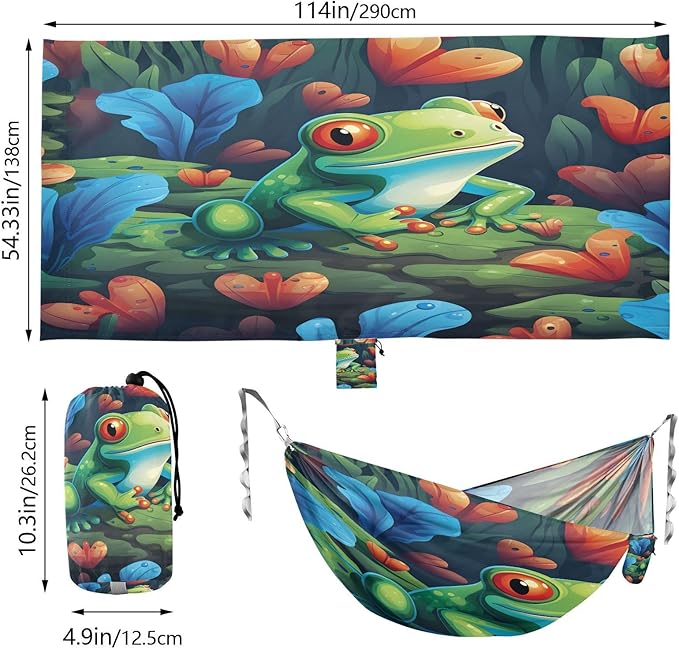 Camping Hammock Lightweight - 350lbs Portable Hammock with 2 Tree Straps and Attached Carry Bag,Great for Travel/Backpacking/Beach/Backyard - Single or Double - Heart Flowers Frog 2