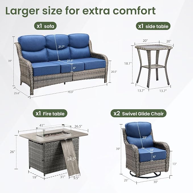 Luxury Patio Furniture Set with 6-inch Thick Cushion, Outdoor Furniture with Fire Pit Table, Swivel Chairs, Side Table, Sofa, 5pcs Wicker Conversation Set for Deck Yard Grey Wicker | Blue Cushion