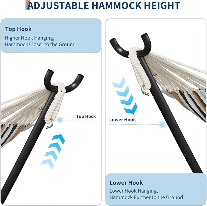 IDEALHOUSE 2 Person Brazilian Hammock with Steel Stand, Adjustable Double Cotton Hammock Bed, 450 Lbs Capacity Portable Setup for Indoor, Outdoor Patio, Camping, Coffee