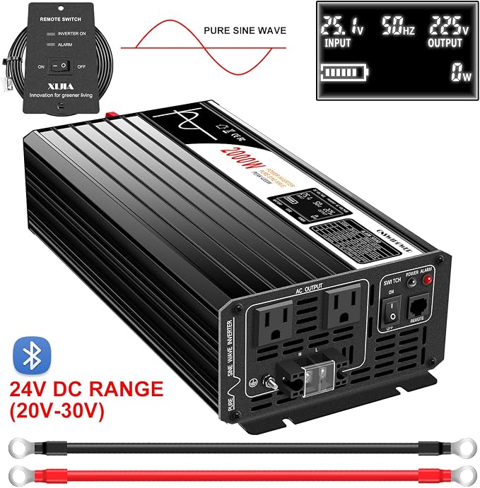 Xijia 2000W Pure Sine Wave Inverter，24V to 120V AC Converter for Home，Solar Systems，Remote and Bluetooth Control for Truck，Camping，with 2 20A AC Socket，Surge Power 4000W