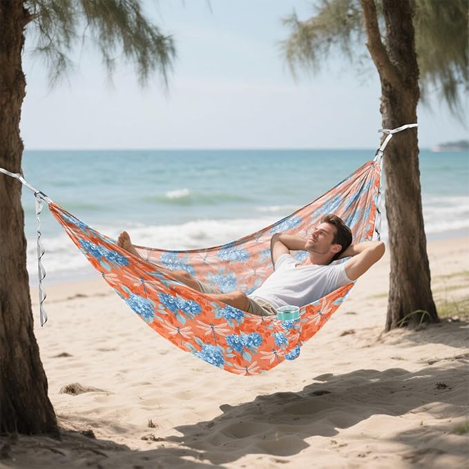 Camping Hammock Outdoor Hammocks for Outside Blue Hydrangea Dragonfly Beach Trees Portable Lightweight with Pockets Tree Straps Indoor
