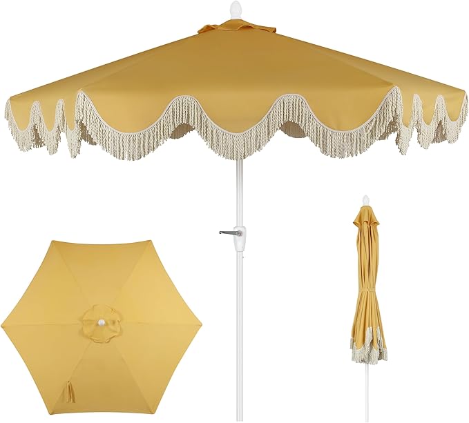 Eyely BMU1001 Halden 9 ft. Classic Cottage Tassel Market Patio Umbrella with Auto-Tilt, Crank