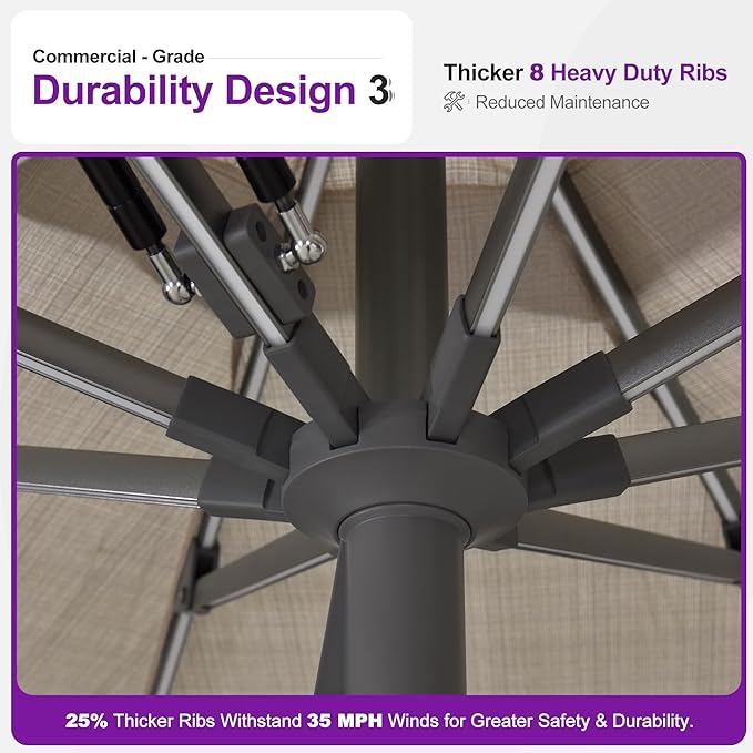 PURPLE LEAF 9 FT Semi-Auto Outdoor Patio Umbrella Market Table Sun Umbrellas with 8 Aluminum Sturdy Ribs for Backyard Deck Garden Pool (Gray Pole Beige Canopy)