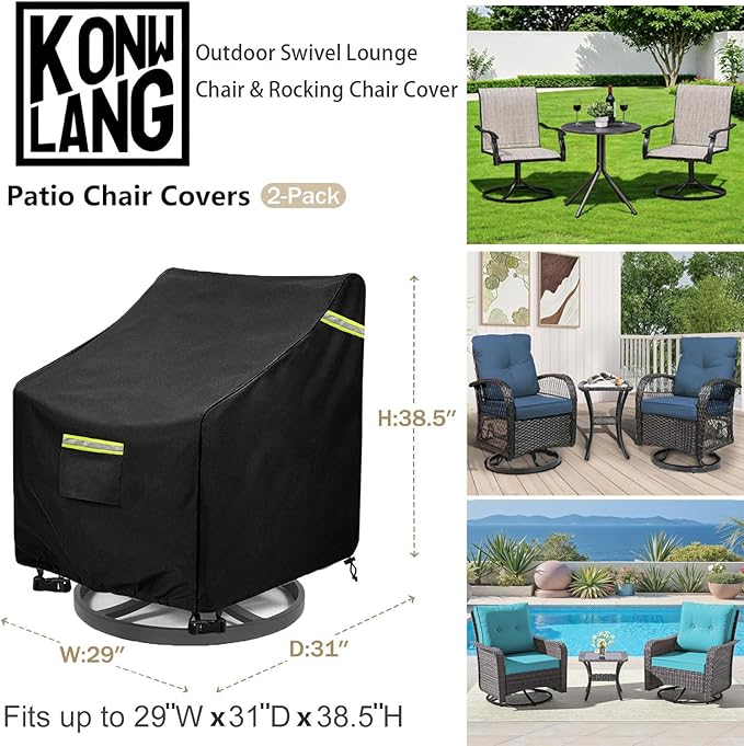 Outdoor Swivel Chair Cover 2 Pack,(29W x 31D x 38.5H inches )100% Waterproof Heavy Duty Outdoor Rocking Chair Covers， Patio Chair Covers Waterproof Patio Furniture Covers ( Black)