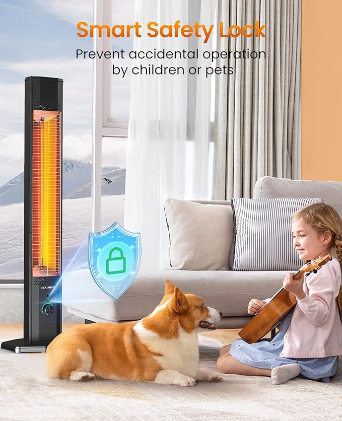 Outdoor Electric Patio Heater, Haimmy 42in Infrared Heater with Remote, 9 Heat Levels, 9H Timers, 1500W Instant Heating, Safety Lock, Tip-Over & Overheat Protection, IPX5 Waterproof Tower Space Heater