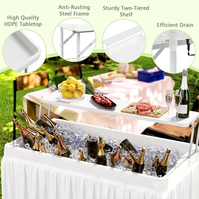 LHBcraft Outdoor Ice Cooler Folding Table with Extra Storage Shelf,Ice Tables for Parties with Drain,Cooler Server for Camping, Picnic, Wedding, BBQ (White)