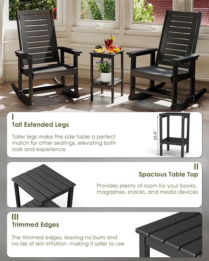 GREENVINES Tall-Outdoor-Side-Table | 23.5" | HDPE Plastic | Patio Adirondack End Tables | All Weather | 2-Tier | Black | for Porch Garden Indoor & Rocking Chairs