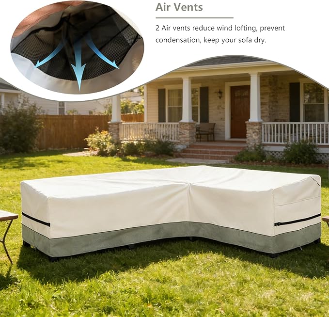 okcool Outdoor Sectional Sofa Cover Waterproof-L-Shaped Patio Furniture Covers for 6-Seater Outdoor Sectional Furniture Couch 110"(85''L) x 32''D x 31''H, White&Grayish Green