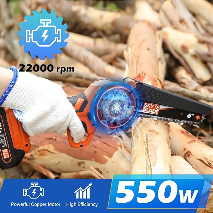 6 Inch Mini Chainsaw Cordless, Portable Electric Chainsaw, for Wood Cutting, Tree Trimming, Courtyard, Household, and Garden Orange