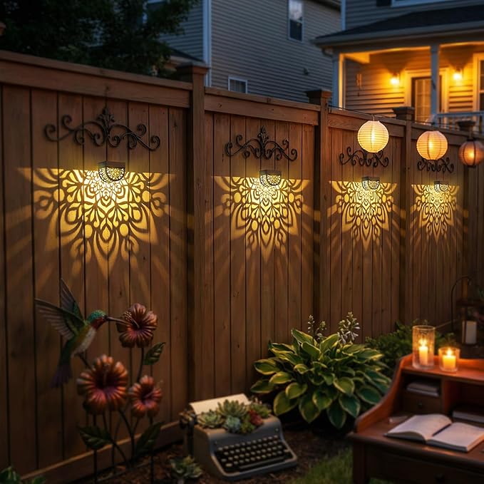 Hapjoy Solar Fence Lights Outdoor 4 Pack Solar Step Lights LED Powered Wall Lights Decorations Warm Yellow Light Waterproof Decorative Lighting for Garden, Front Door, Backyard (Black 2)