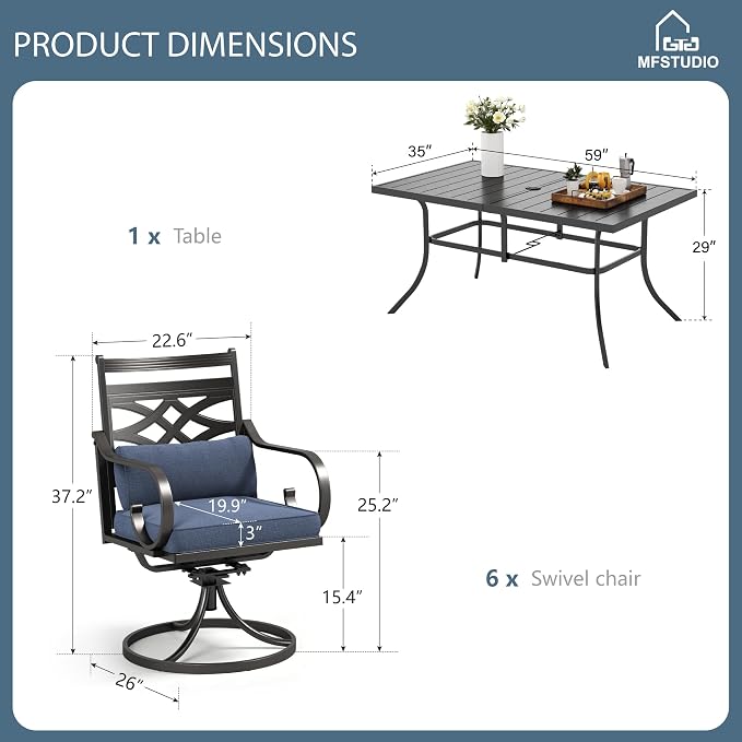 MFSTUDIO 7 PCS, Patio Dining Set, 59"×35", Swivel Chairs, Umbrella Hole | Blue, Steel, Metal, E-coated frame