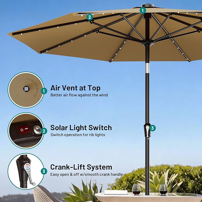 AreShark 9FT Patio Umbrella with Solar Lights, 32 Lighted Pool Umbrella w/Tilt and Crank, Outdoor Market Solar Umbrellas for Garden, Deck, Backyard, Pool and Beach, Khaki