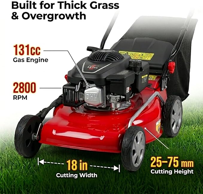 131cc Gas Self Propelled Lawn Mower, 3 in 1 Multi Functional Walk-Behind Push Lawn Mowers, 18" Foldable Gas Powered Lawnmower with 50L Grass Bag, for Mulch, Side Discharge, Rear Bagging (Red)