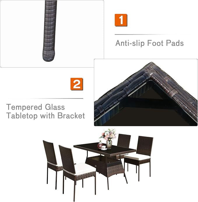 Tangkula 10 Pieces Wicker Patio Dining Set, Outdoor Rattan Table & Chairs Set with Padded Cushions, Patio Furniture Dining Glass Table Set for Balcony Patio Garden Poolside