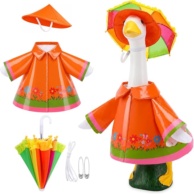 DECOHS 3 Pcs/Set Raincoat Porch Goose Outfits, Summer Lawn Goose Statue Costume with Rainbow Umbrella and Hat, Yard Geese Clothes for 23" Statue Patio Garden Decoration (Orange Flower)