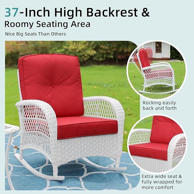 MEETWARM 4 Pieces Outdoor Wicker Patio Conversation Sets with Glider Loveseat, 2 Chairs with Coffee Table Wicker Rocking Chair Set, Patio Furniture Set with Thickened Cushions, White/Red