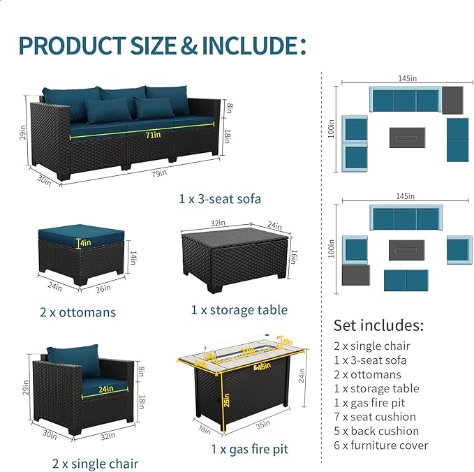 Outdoor Patio Furniture 60000 BTU Outdoor Propane Fire Pit Table Patio Furniture Set 45 In Outdoor Fire Pits 6 Pieces Patio Sofa Outdoor Chairs Anti-slip Cushions Waterproof Covers, Peacock Blue