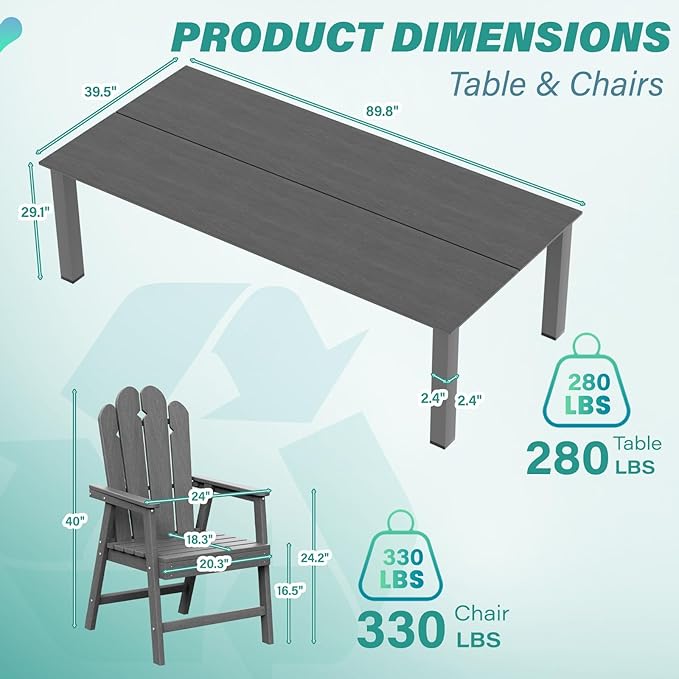9-Piece Patio Dining Set for 8, 89.76” Oversized Table, Large HDPE All-Weather Outdoor Furniture with Umbrella Hole Table, 8 Armchairs, Gray