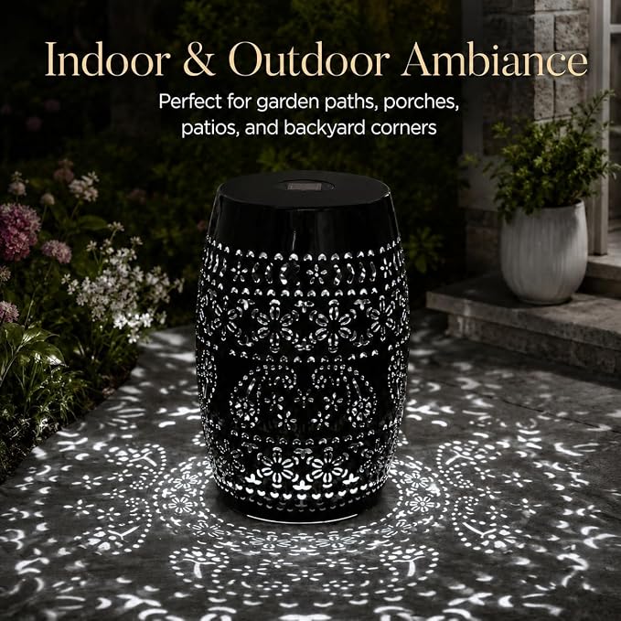 12" Outdoor Solar Side Table, Multi Functional Decorative Cutout Metal Round Side Table, Coffee Table, Night Stand, Plant Stand for Patio, Garden, Backyard, Gazebo Indoor (Black)
