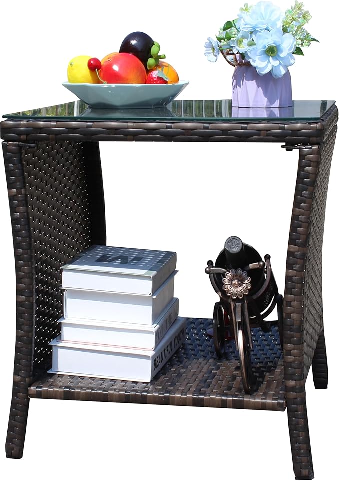 Outdoor Wicker Side Table, 19.25" Patio End Table with Storage & Tempered Glass Top, PE Rattan Coffee Table for Backyard Balcony Garden Lawn, 120 lbs Capacity, Brown