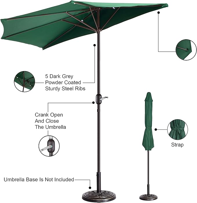 9' Outdoor Patio Half Umbrella with 5 Ribs, Fade Resistant Condo or Townhouse Umbrella by Pure Garden (Forest Green)