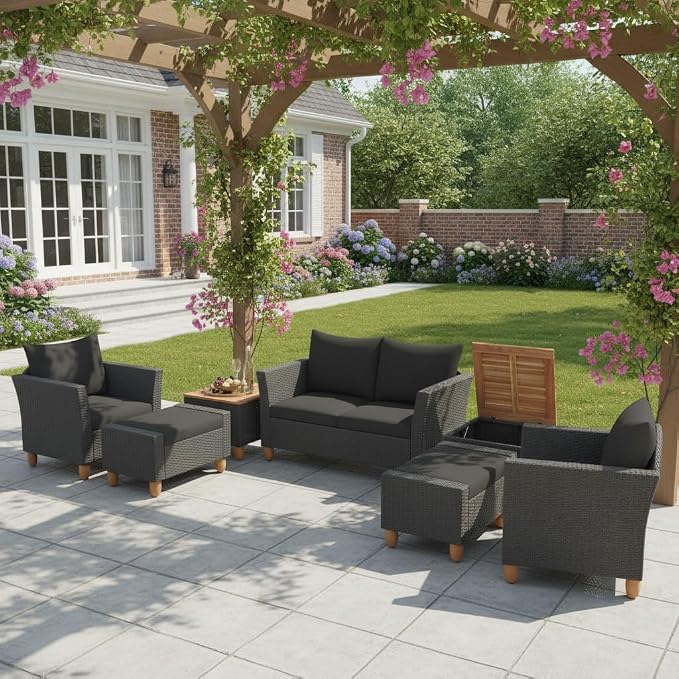 Tangkula 7 Pieces Patio Furniture Set, PE Rattan Sectional Sofa Set with Loveseat, Armchairs, Ottomans & Table, Acacia Wood Tabletop, Outdoor Conversation Set for Porch, Garden & Poolside (Black)