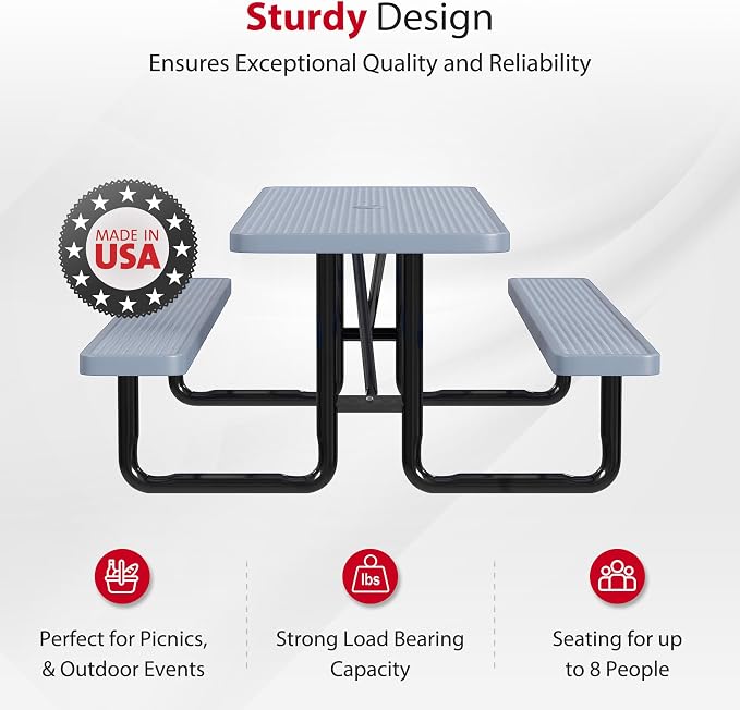 Leisure Craft Metal Picnic Table with Bench - 8 ft Rectangle Outdoor Dining Table for 8, Umbrella Hole, Weatherproof Heavy Duty Thermoplastic Coating, Commercial Grade Furniture Made in USA - Gray