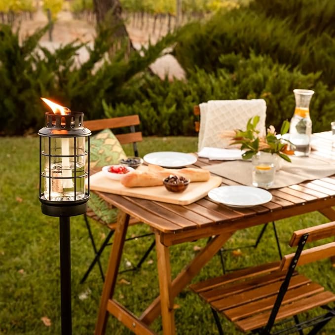 TIKI Outdoor Glass Lantern Torch – Weather-Resistant Decorative Torch for Patio, Garden & Backyard with 4-Piece Adjustable Height Pole, Fiberglass Wick & Snuffer, Black (Pack of 6)