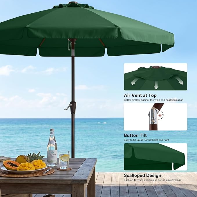 ABCCANOPY 9ft Scalloped Patio Umbrella, Outdoor Table Umbrella with Tilt and Crank, Fiberglass Ribs Deck Umbrella for Patio, Pool, Garden, Picnic (Green)