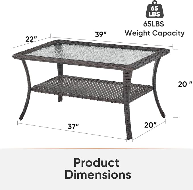 Outdoor Coffee Table - Patio Rattan Wicker Coffee Table with Tempered Glass Top and 2-Tier Storage Outdoor Table for Deck Porch Balcony Garden - Brown
