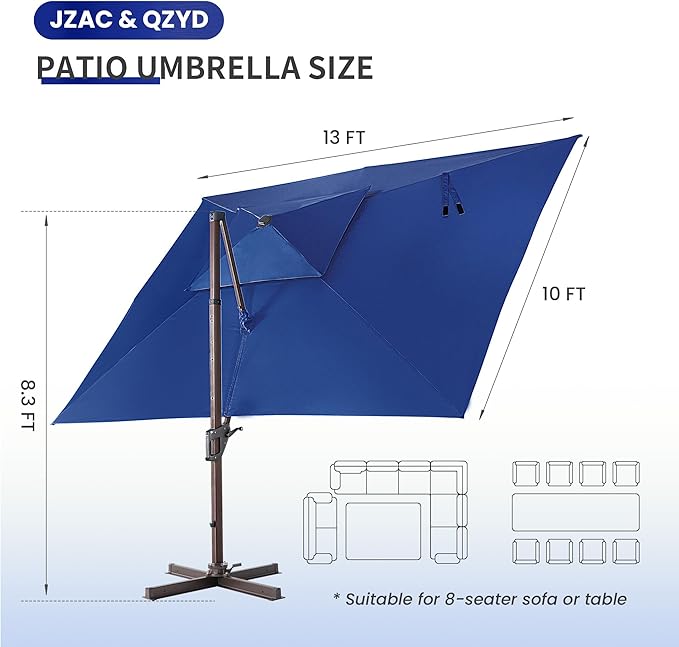 JZAC & QZYD 10X13 FT Outdoor Cantilever Patio Umbrella with LED Lights, Large Heavy Duty 2-Tier Aluminum Offset Umbrellas with 360-Degree Rotation for Pool Deck, Navy