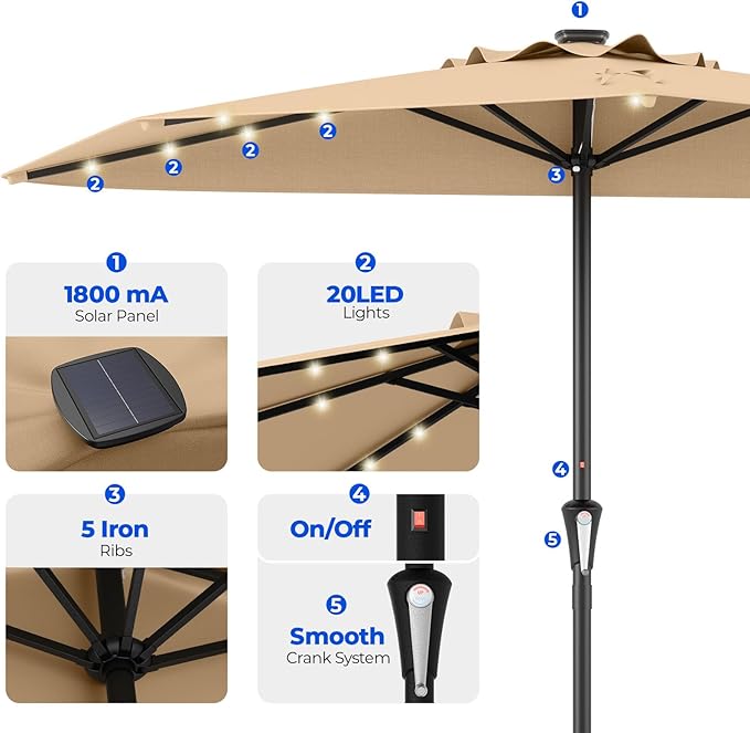 HOMSHADE 9FT Half Patio Umbrella with Solar LED Lights for Outdoor, Waterproof Half Umbrella for Small Spaces, Balcony, Deck(Red)