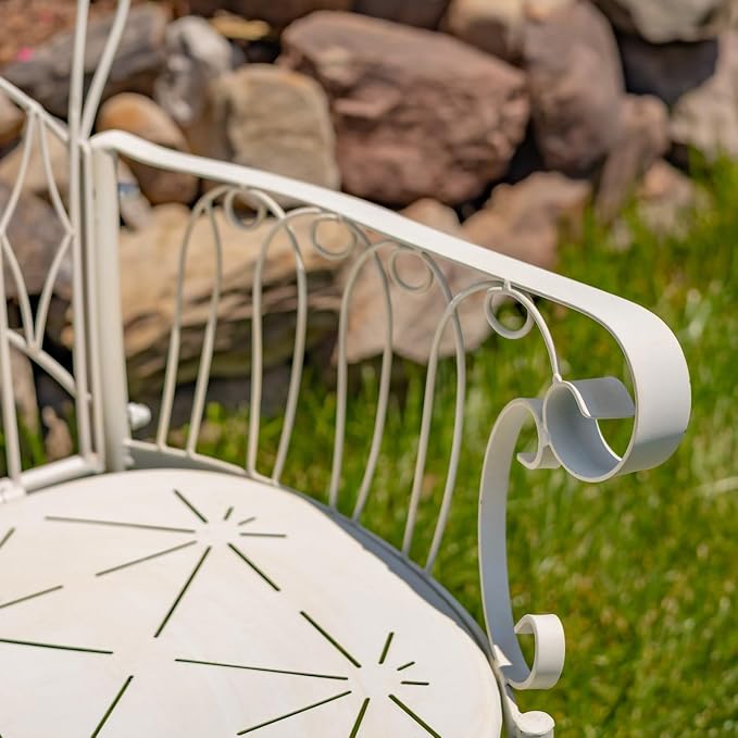 Zaer Ltd. Vintage Style Metal Patio Furniture with Heart Design Accents, Outdoor/Indoor Decor (Distressed White, Arm Chair)
