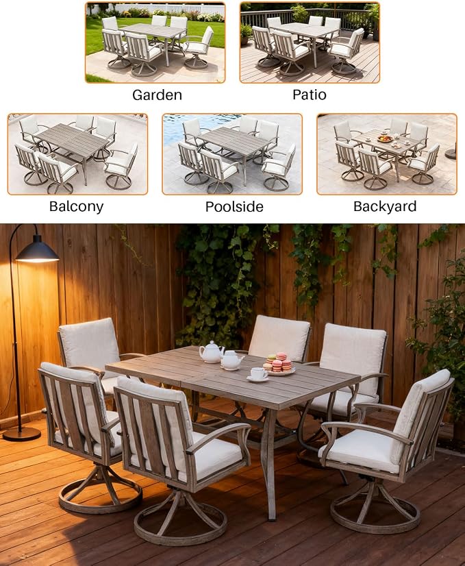 Patio Dining Table for 6, Never Rusts Outdoor Dining Table with Umbrella Hole, 59.8" x 35.8" Rectangle Patio Table, 6 Person Aluminum Outdoor Patio Table for Deck, Garden Poolside, Limed Oak