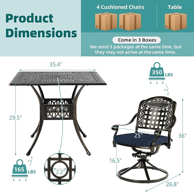 MEETWARM 5-Piece Outdoor Patio Dining Set, All-Weather Cast Aluminum Patio Conversation Set with 4 Cushions Swivel Rocker Chairs for Backyard Garden Deck and 35.4" Square Table, Navy Blue