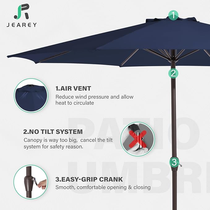 JEAREY 12' Patio Umbrellas Outdoor Table Market Umbrella w/Crank, 8 Sturdy Ribs, UV Protection Windproof for Garden, Deck, Backyard, Pool(Navy Blue)
