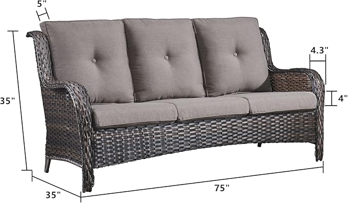 Rilyson Outdoor Couch Wicker Patio Sofa - 3 Seat Rattan Sofa with Deep Seating and Comfortable Cushions for Outside Porch Deck Balcony Garden(Brown/Grey)