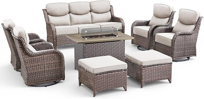Luxury Patio Furniture Set with Fire Pit Table-8 Pieces All Weather Outdoor Swivel Rocker Chairs with Sofa and Ottomans. Outdoors Patio Conversation Sets for Porch Deck Garden Backyard(Brown/Beige)
