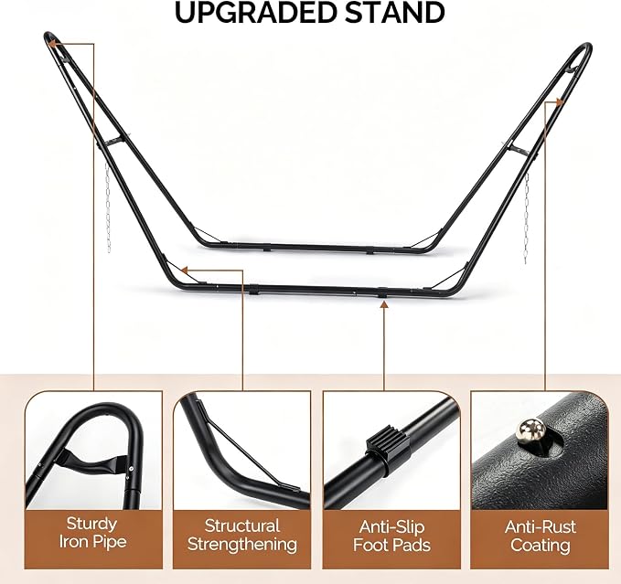 Hammock with Stand, 550 lbs Outdoor Double hammocks, Dual-Spreader Bar, Anti-tip Design, Backyard Furniture, Soft Pillow Included, Heavy Duty 2 Person Hammock Set for Patio, Porch, Beach, Yard, Beige