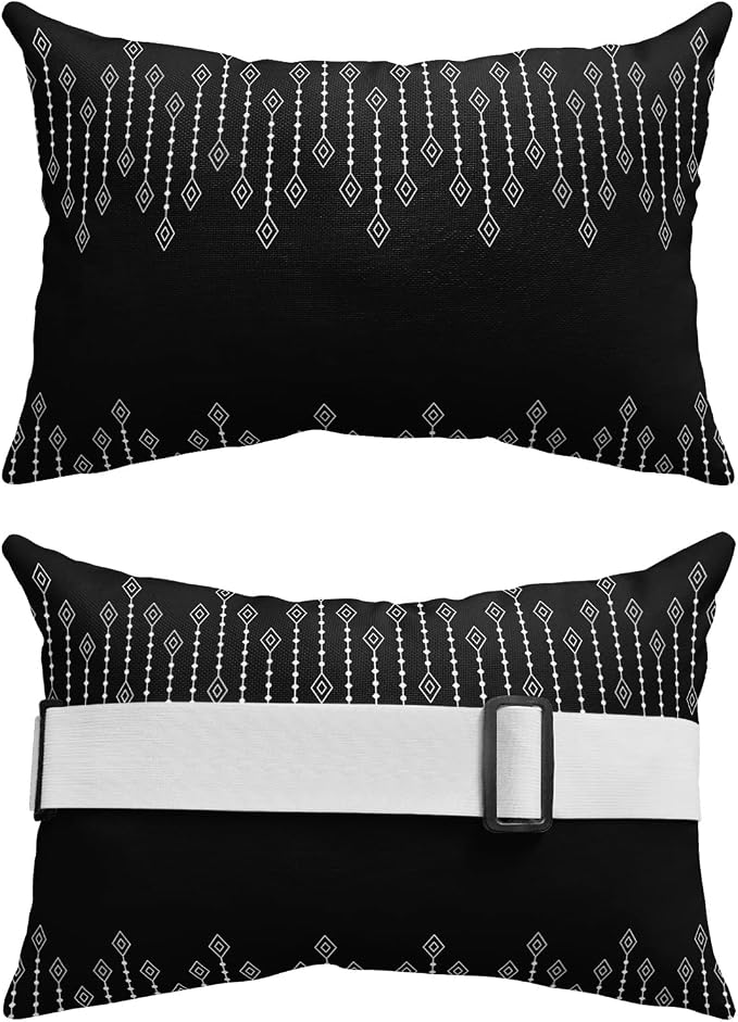 Outdoor Pillows Covers with Inserts Bohemian Geometric Pattern Rhombus Black Waterproof Recliner Pillow with Adjustable Strap Throw Pillows for Patio Furniture Pool Lounge Chair, 12x20 inch, 2PCS