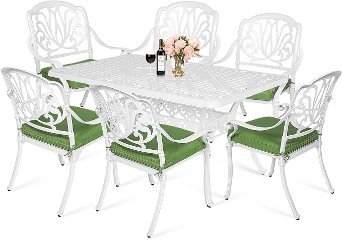 MEETWARM 7-Piece Outdoor Patio Dining Set, 6 Outdoor Dining Cushioned Chairs and 1 Rectangle Table with 2" Umbrella Hole, All Weather Cast Aluminum Patio Funiture Set for Backyard, Patio(White)