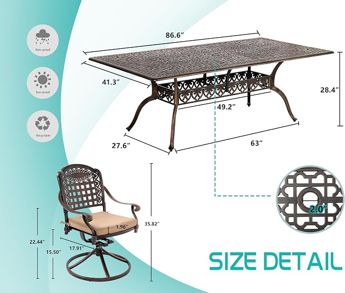 TITIMO 9-Piece Cast Aluminum Patio Furniture Set, Outdoor Patio Dining Set Bistro Conversation Set, Rectangular Dining Table Set w/Cushions Umbrella Hole (Khaki-Swivel Grid Chair, 9 Pcs)