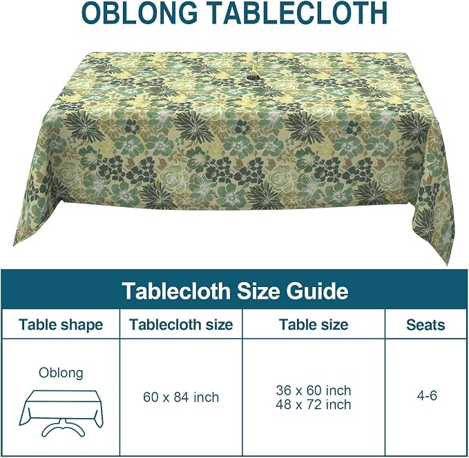 DYTXIII Outdoor Rectangle Tablecloth with Umbrella Hole and Zipper 84" x 60", Water Repellent Floral Picnic Cover, Fade & Wrinkle Resistant Tablecloth for Patio/Garden/Party Table, Green Rose